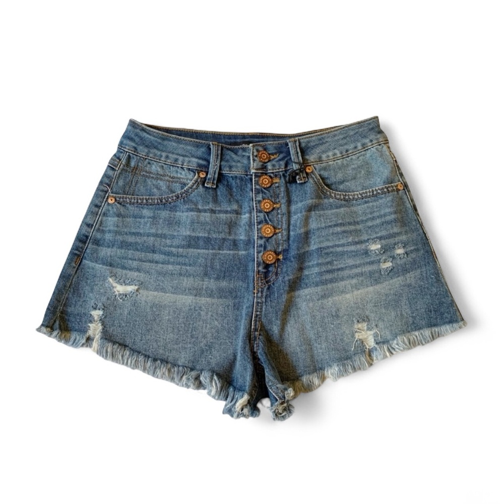 Sincerely Jules Raw Hem Button Fly Jean Shorts 3/26 Blue Distressed Cutoffs